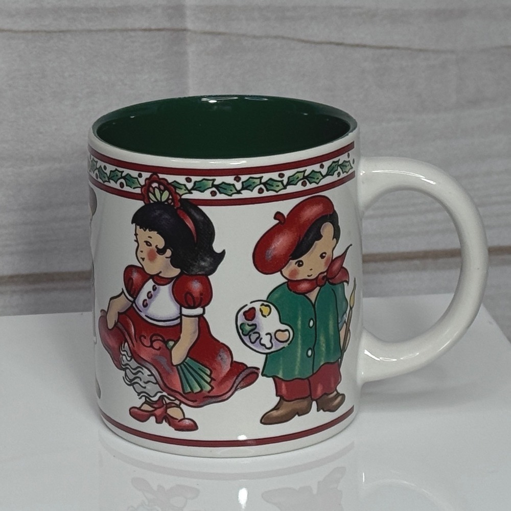 Vintage KIC Children of the World Coffee Mug‎ Kane Artist Korea Green Interior